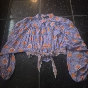 Rachel Roy Floral Women's Top - Purple and Orange Puffy Sleeves Front Tie